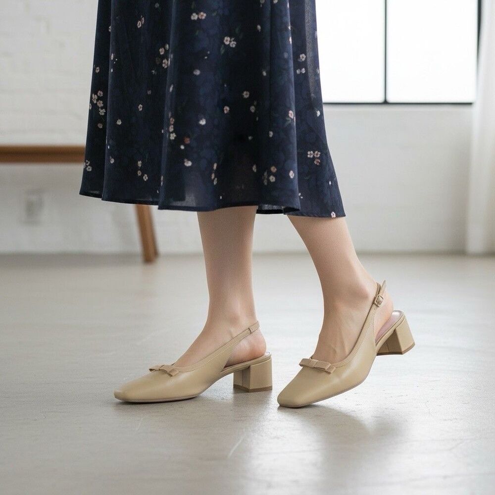 For Love & Lemons Josie Slingback Heel Leather Shoe Size 39 8.5 Bow Nude Mule